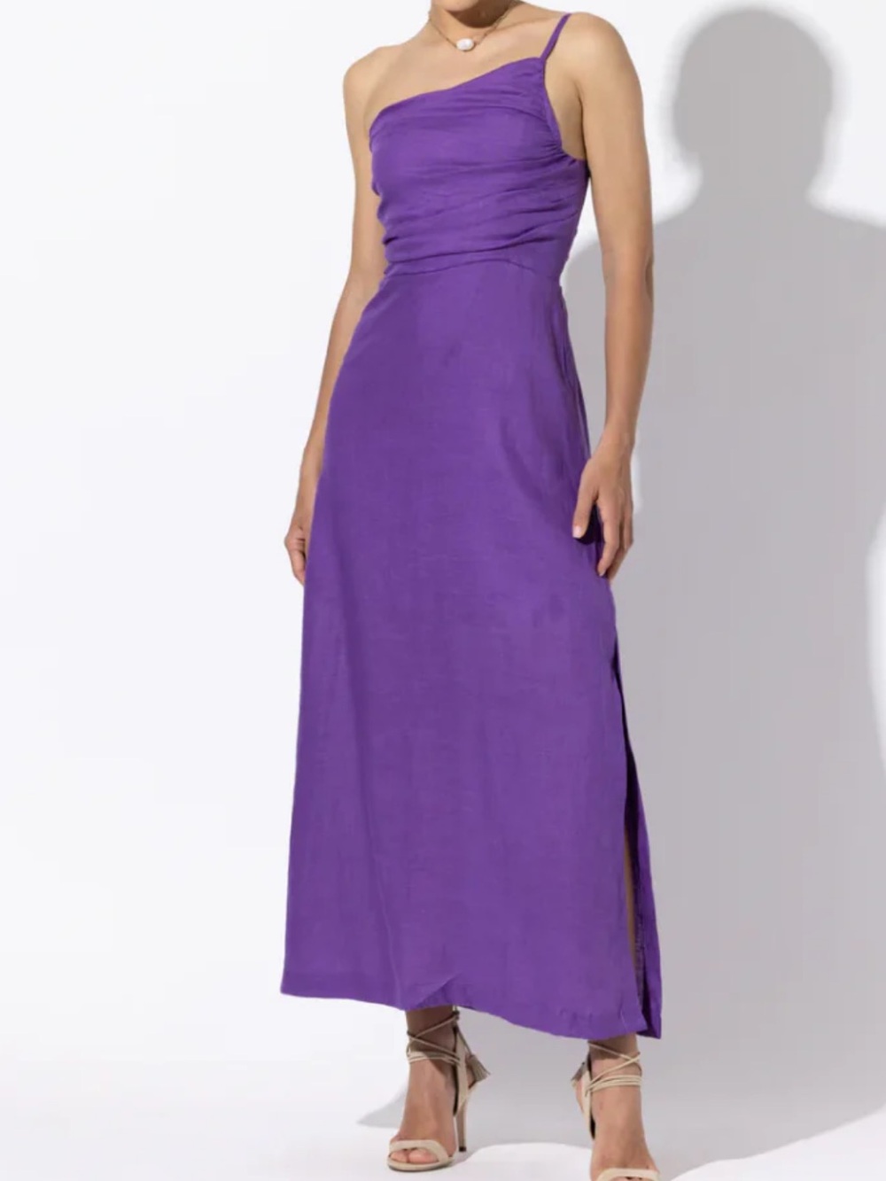 Poppy linen One-Shoulder Purple Maxi Dress with Side Slit